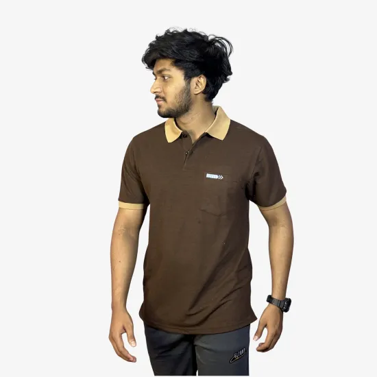 Men's Brown Cotton Polo T-Shirt with Beige Collar | Classic Casual Half Sleeve Tee